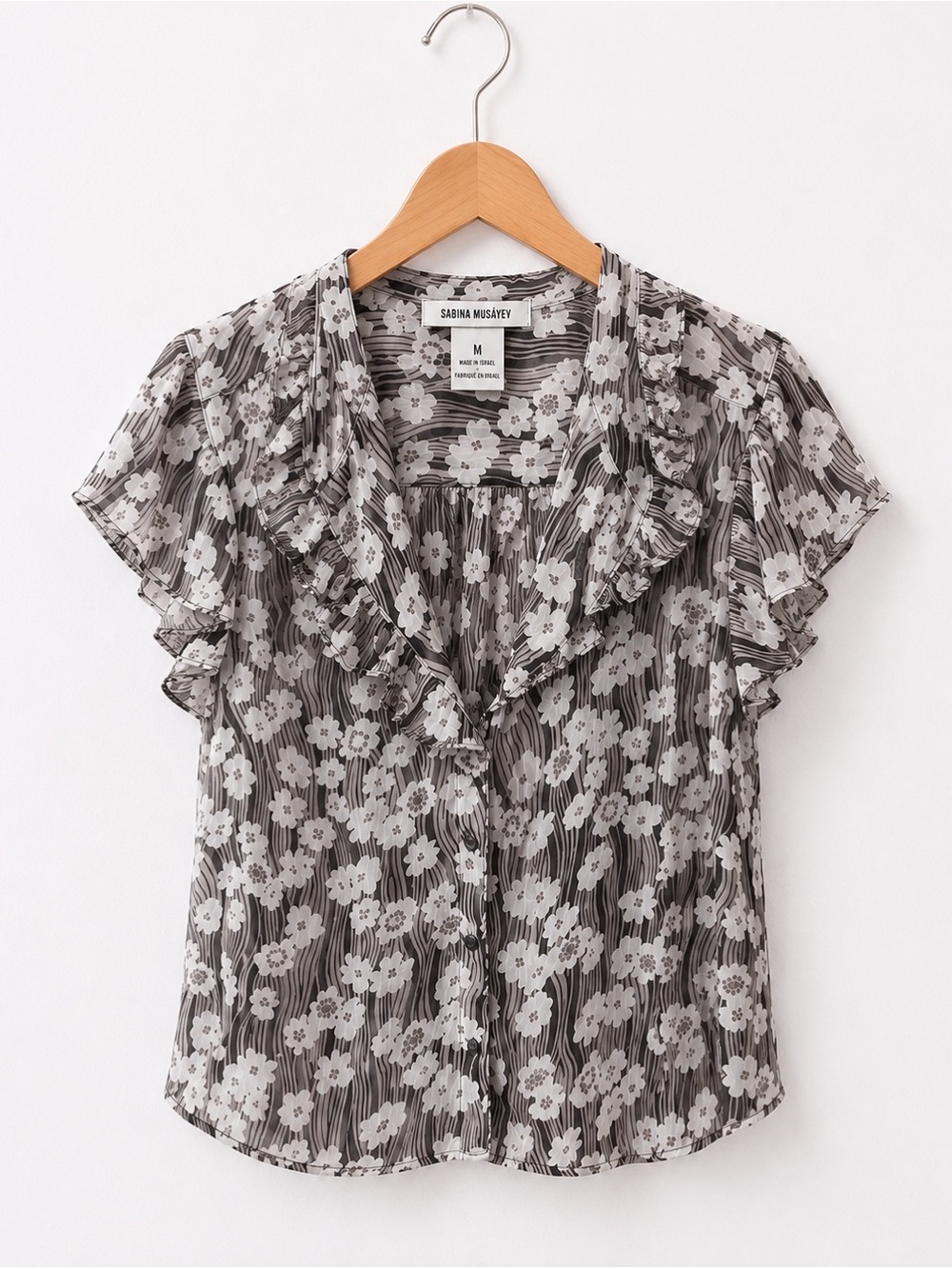 Sabina Musayev Ruffle V-Neck Flutter Sleeve Floral Button Front Semi Sheer Top